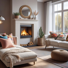 A pastel-colored sofa with a soft blanket near the fireplace. Scandinavian interior design of modern small living room in hygge style, cozy place to relax,