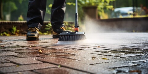 Terrace being washed with powerful water jet to remove grime from paving stones. - obrazy, fototapety, plakaty