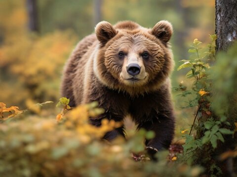 brown bear emerging from the forest on an autumn day
