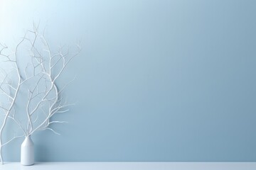 Blue empty wall with white dry branches as décor for your text or product product presentation with copy space, room mockup, brown parquet floor
