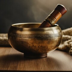 antique mortar and pestle.a Tibetan singing bowl with a captivating close-up, where the craftsmanship and textures of this Himalayan instrument come to life. - obrazy, fototapety, plakaty