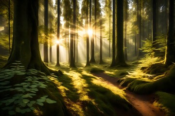 A tranquil forest scene with sunlight filtering through the trees, representing growth and renewal in mental health.