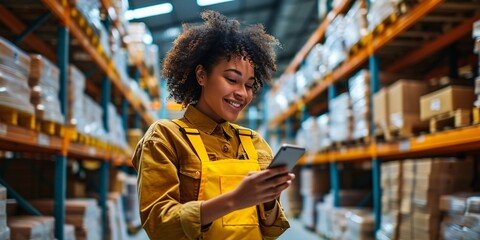 A content female entrepreneur managing an e-commerce store checks a text message on her mobile phone while organizing product shipments in her warehouse. - obrazy, fototapety, plakaty