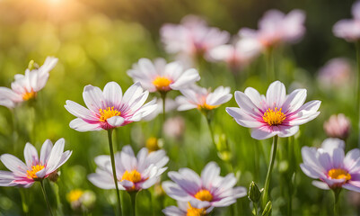 Sunny spring field: Vibrant flowers under the sun