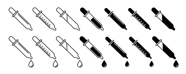eye dropper vector icon set. Black and white pipette tool vector symbol. medical serum picker sign. science ink pick pipet instrument icon collection.