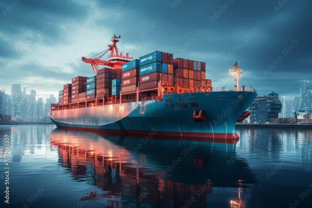 Wall mural a container ship leaves the port generated ai