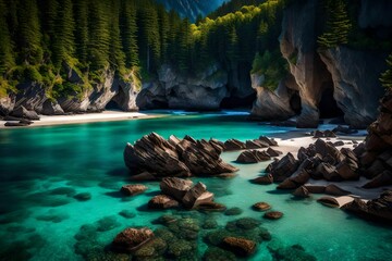 A secluded beach cove with crystal clear blue water, surrounded by towering cliffs, and the sound...