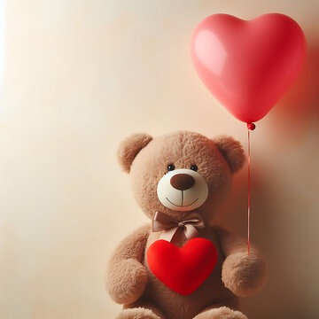 A charming plush bear, tenderly clutching a heart-shaped balloon, takes center stage in this delightful image set against a soft light background. The composition offers ample copy space, making it id