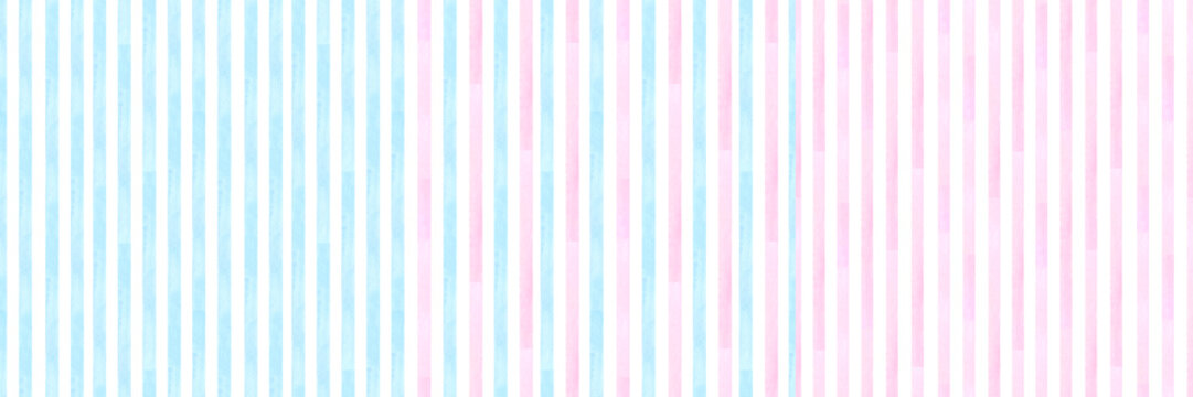 Banner stripe pattern light blue pink. Gender reveal party. Hand drawn watercolor illustration isolated on white background. Print for cloth design, textile, fabric, wallpaper, wrapping