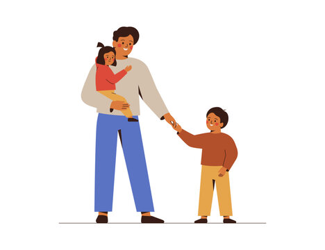 Young father with two children. Man holds by one hand his daughter and by another hand his son. Family concept with happy people for Fathers Day. Cartoon flat Vector illustration