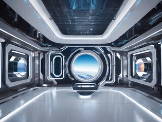 Empty space inside futuristic room, showroom, spaceship, hall or studio in perspective view. Include ceiling, hidden light, white floor. Modern background design of future - generated by ai