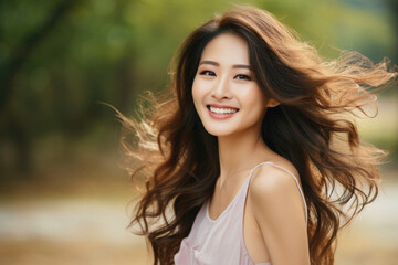 Portrait of beautiful asian woman smile and happy with nature background