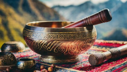 antique mortar and pestle.a Himalayan singing bowl through a detailed close-up, where the fine details and rich textures showcase the craftsmanship of this traditional Tibetan instrument. - obrazy, fototapety, plakaty