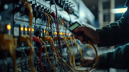 An electrical engineer checks electrical installations and wiring on protective relays. Created with Generative Ai technology. - obrazy, fototapety, plakaty
