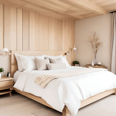 A bedroom with white sheets, pillows and other accessories.
