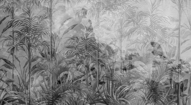 Black and white tropics in watercolor style, tropics on a textured background, photo wallpaper for the interior.