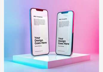 iPhone Mockup Template Screen - Two Phones on White Surface with Pink and Blue Backgrounds. Blue and Pink Color Scheme with White Box.