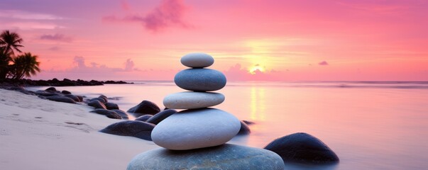 tower of zen stones on paradise beach balance concept - obrazy, fototapety, plakaty