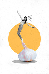 3d abstract creative artwork template collage of funny female stand garlic top keep balance fall...