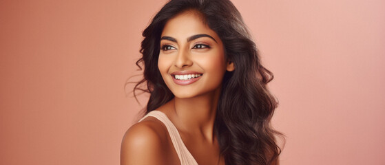 Beautiful smiling young indian woman, isolated on pink - obrazy, fototapety, plakaty