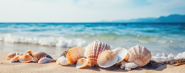 shellfish on the beach summer vacation banner - obrazy, fototapety, plakaty