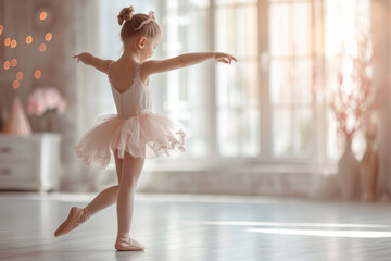 a little girl dancing ballet in a dance studio - obrazy, fototapety, plakaty