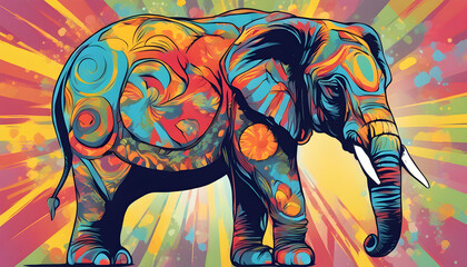 colorful elephant on pop art style in black background.