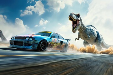 A strong car and a dinosaur in a race.