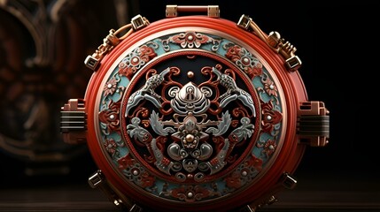 Fototapeta premium Elaborate circular red and silver mechanism with ornate details on a dark background