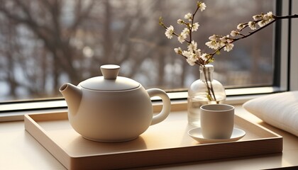 Scandinavian style white teapot and cup on wooden table with spring view and morning breakfast