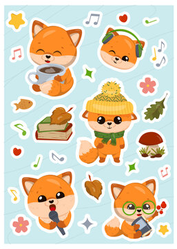 Cute stickers with a cartoon fox in a funny hat.
