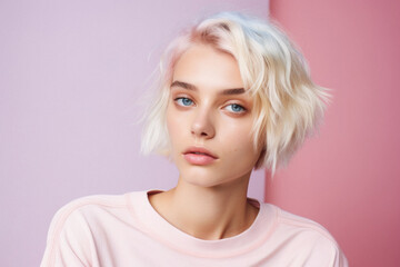 Portrait of a beautiful young woman with short blond hair on a pink background