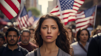 Portrait of a Mexican woman against the background of the American flag. rally of Mexicans with American flags. the problem of migration, refugees, migrants in the USA