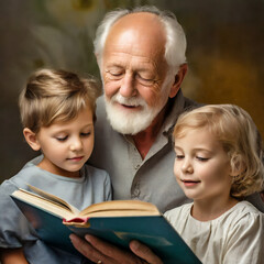 Dziadek czytający wnukom książkę - obrazy, fototapety, plakaty