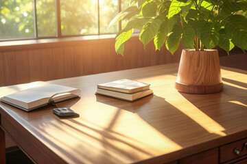 Workspace with some empty space on wooden table. Home clean desk setup. one cup of coffee with small house plants. sunrising morning relaxing vibes.