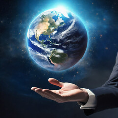 Dłoń mężczyzny w garniturze, nad dłonią unosi się planeta Ziemia. Motyw wpływu człowieka na środowisko naturalne, władzy nad światem, globalizacji