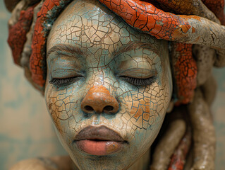Face of a black African American woman statue made from earth and cracks. Visual metaphor for the celebration of black history month vs racial discrimination; equality and justice for ethnic diversity - obrazy, fototapety, plakaty