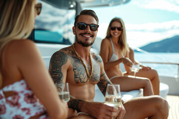 Wealthy man at luxury yacht party, billionaire summer cruise vacation, with beautiful girls in bikinis - obrazy, fototapety, plakaty
