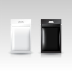 White and black flat aluminum zip pouch with triangle hanging hole mockup for food, supplement or other product. Isolated on gray background. For package design. Realistic vector illustration.