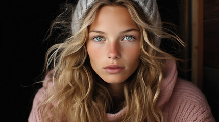 Fototapeta premium Portrait of a beautiful girl in a pink sweater and a gray hat
