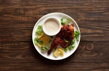 Roasted half chicken, top view