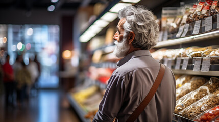 an elderly man in a grocery store. A middle-aged man in a supermarket.