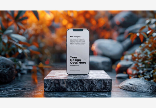 White Phone on Marble Block with Blurry Background Of Trees and Rocks for Phone Mockup Template Screen
