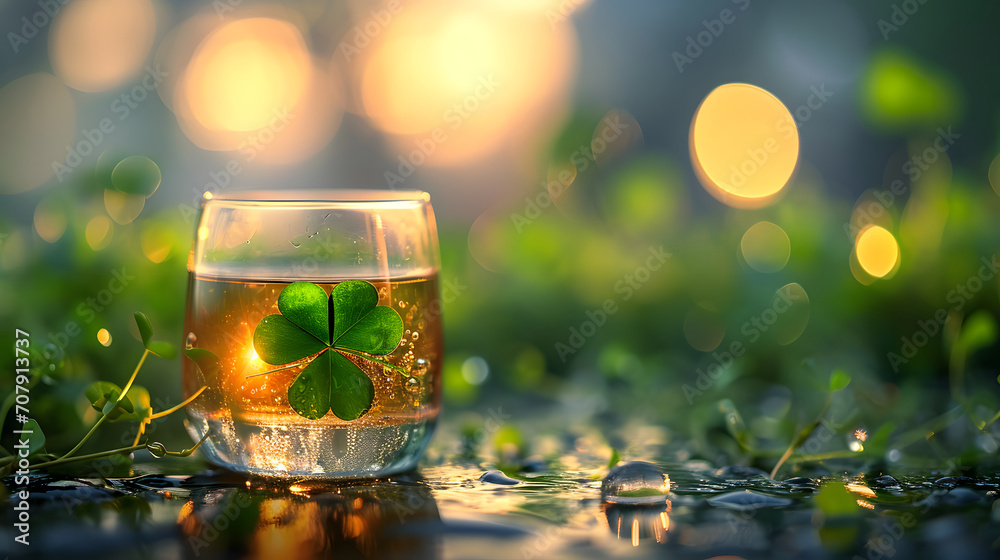 Wall mural golden hued whiskey glass with clover leaf on a wet surface at dusk