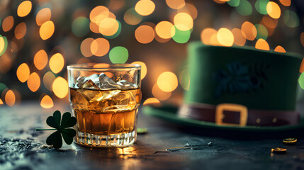 Crystal glass full of whiskey next to a shamrock, on a dark surface, with a green top hat and blurred lights in the background, celebrating St. Patrick's Day - obrazy, fototapety, plakaty