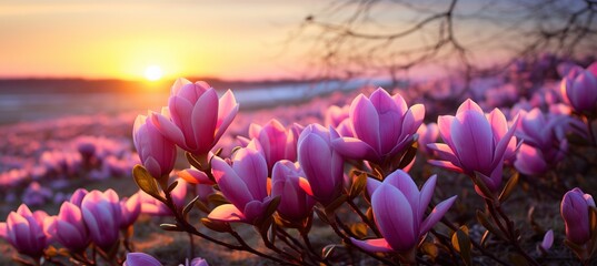 Vibrant magnolia flowers in full bloom on a sunny spring day, awakening the beauty of nature