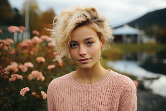 Portrait of a beautiful blonde girl in a pink sweater on the background of the autumn forest .