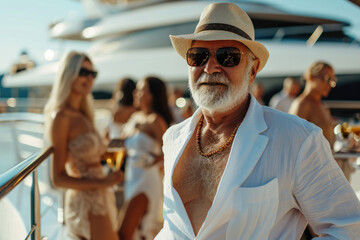 Wealthy senior man at luxury yacht party, billionaire summer cruise vacation, with beautiful girls in bikinis - obrazy, fototapety, plakaty