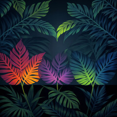 Tropical leaves in vibrant gradient holographic neon colors on black background. Nature concept - generated by ai