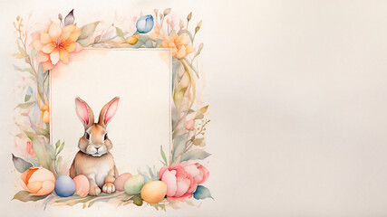 Background for congratulations on Easter with rabbits and a floral frame